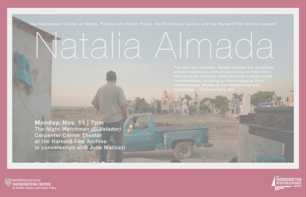 Film promotion with the text 'Natalia Almada' in big white letters. Background depicts a man staring into the horizon in a desert landscape behind a blue pickup truck