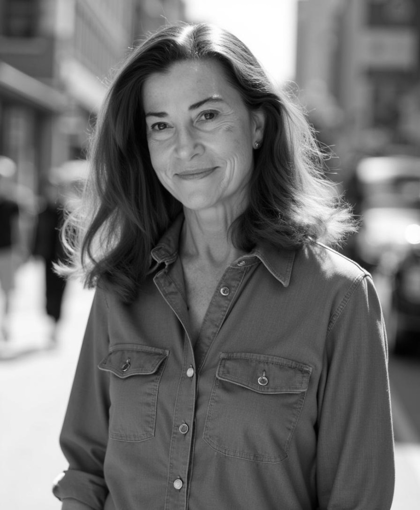 Black and white photograph of a person with shoulder-length hair looking straight into the camera and smiling